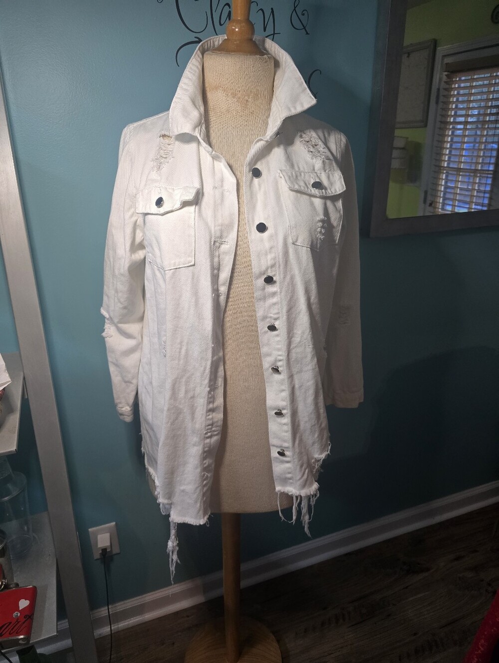 White Distressed Long Women's Shirt Jacket